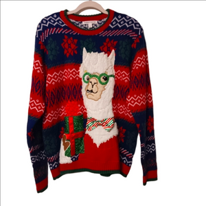 Ugly Cute Christmas Sweater With A Llama in‎ Glasses & Bow Tie  Front Pocket L
